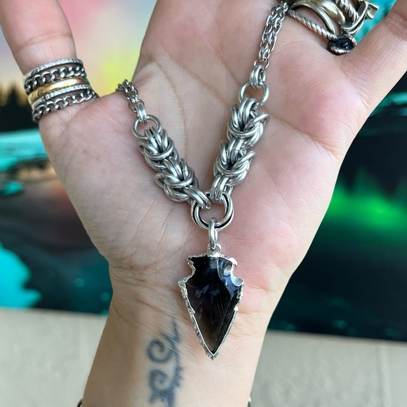 Handmade maille choker necklace black obsidian arrow charm boho goth gemstones - Picture 5 of 13